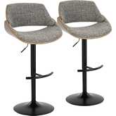 Fabrizzi Adjustable Bar Stool in Walnut Wood, Black Metal & Noise Grey Fabric (Set of 2)